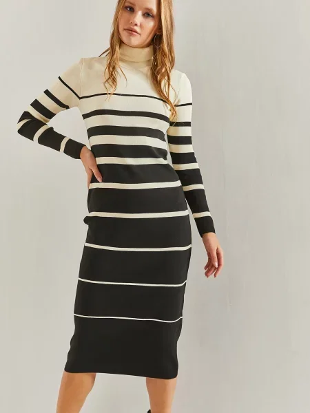 Bianco Lucci Turtleneck femei dungi lung tricotaje rochie negru