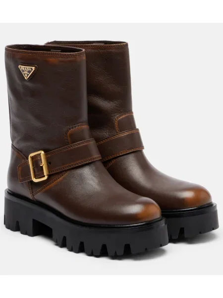 Usnjene motorist gležnjarji Prada rjava