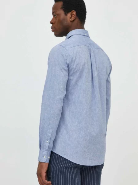 Lněná košile Barbour slim s límečkem button-down modrá