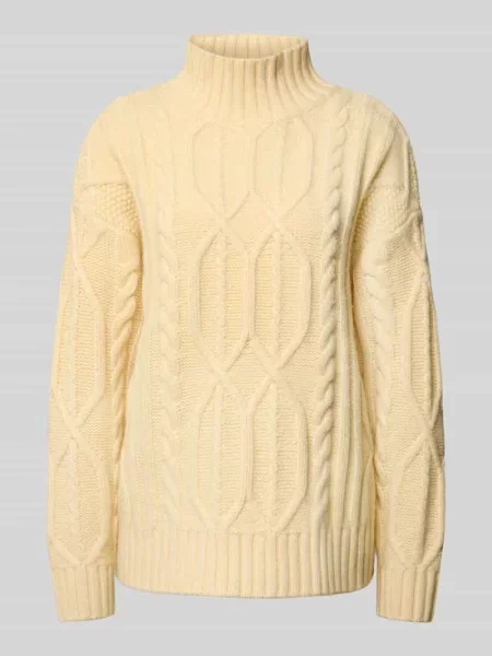 Sweter wełniany o kroju oversized ze ściegiem warkoczowym i prążkowaną stójką Style Icon Collection żółty