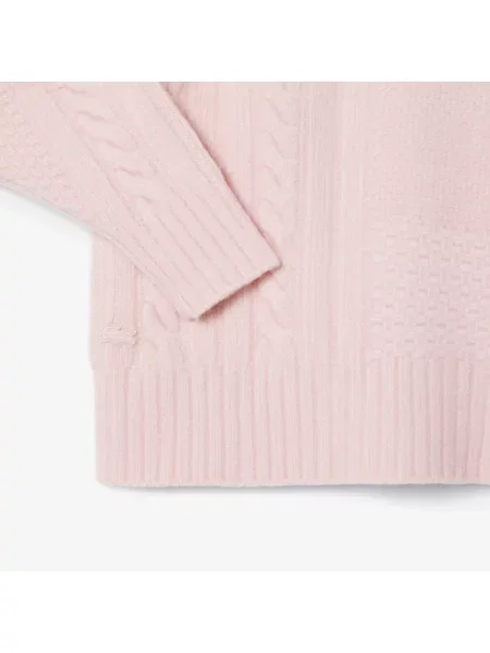 Lacoste Wełniany Sweter Z Wysokim Kołnierzem Z Efektem Patchworku różowy