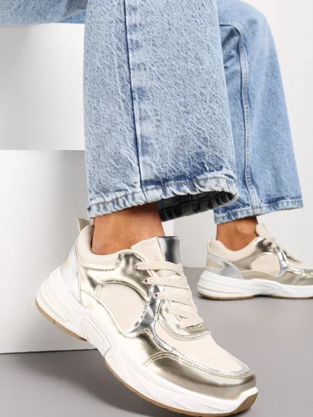 Sneakerși Bej-Aurii cu Șiret și Inserție Metalică Kizria bej