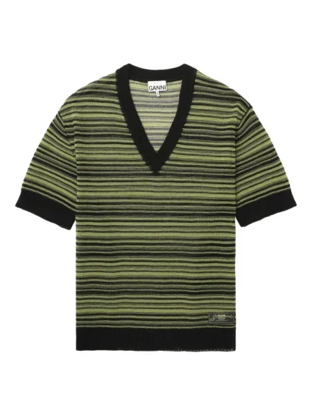 Tricou Ganni cu dungi cu decolteu în V negru