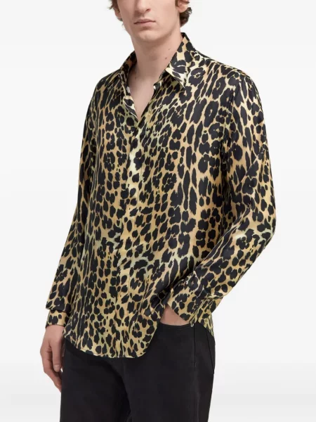 Cămașă Roberto Cavalli de mătase cu imagine cu model leopard maro