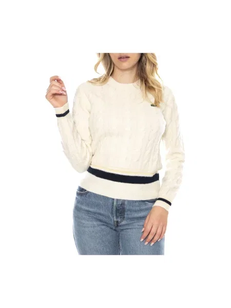 Lacoste sweter z dodatkiem wełny beżowy biały