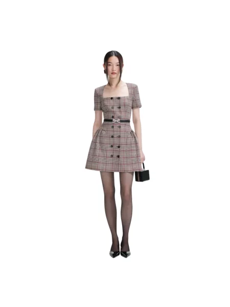 Sukienka koszulowa Self-portrait wełniana w kratkę z krótkim rękawem brązowa