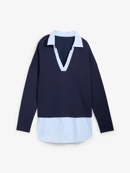 Sweter z cienkiej dzianiny z koszulową wstawką niebieski