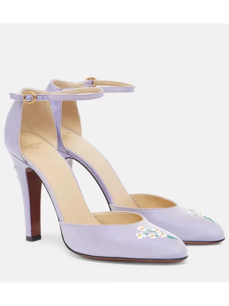 Saténové lodičky Valentino Garavani s výšivkou fialové