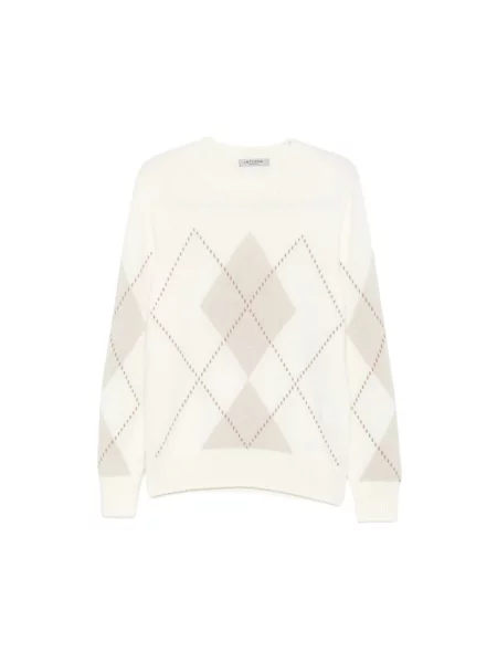 Sweter La Fileria z nadrukiem z wzorem argyle beżowy