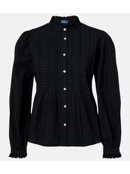 Top Polo Ralph Lauren w kratkę z falbankami niebieski