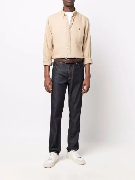 Siuvinėta lininė polo marškinėliai Polo Ralph Lauren mėlyna