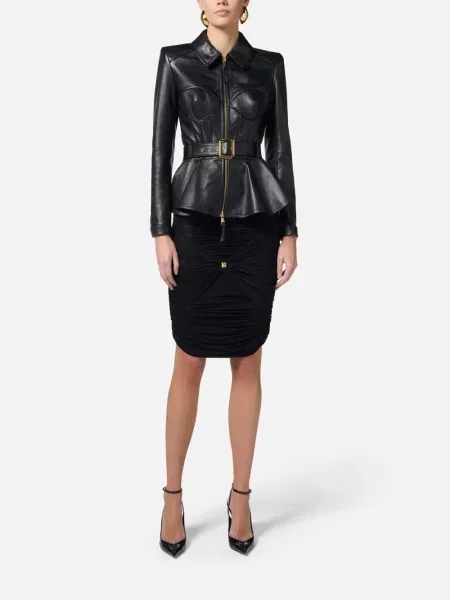 Kožna jakna Elisabetta Franchi peplum crna