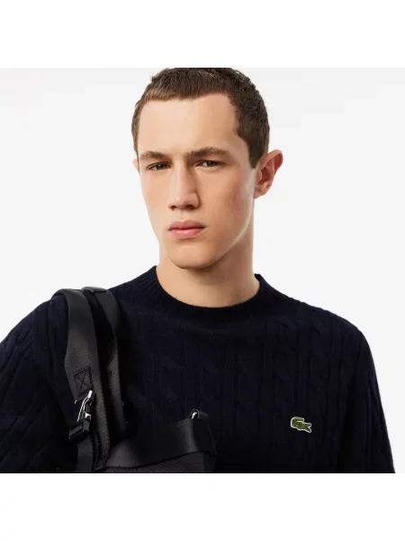 Lacoste Wełniany Sweter Warkoczowy Z Okrągłym Dekoltem granatowy