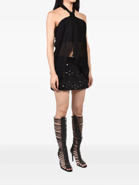 Top Room Service cu volane drapat cu gât halter negru