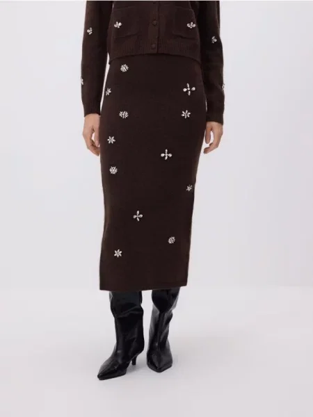 Reserved Міді спідниця з декоративними аплікаціями коричневий