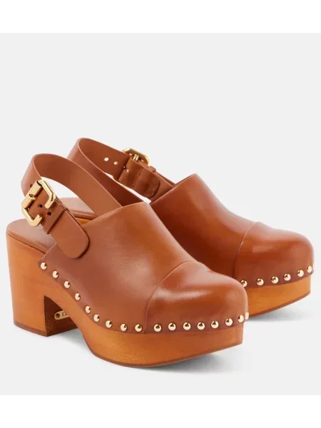 Saboți Chloé din piele cu pană maro