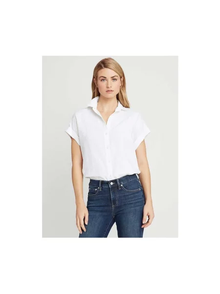 Lniana koszula z krótkim rękawem Lauren Ralph Lauren z logo z krótkim rękawem biała