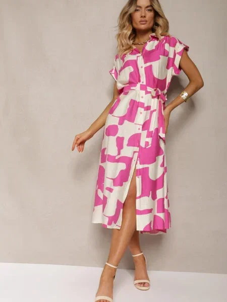 Rochie roz-albă cu croi de cămașă cu din în talie cu imprimeu colorat Hilefia alb