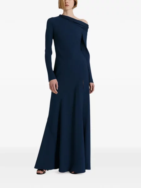 Rochie maxi Alberta Ferretti drapată cu umerii deschiși albastru