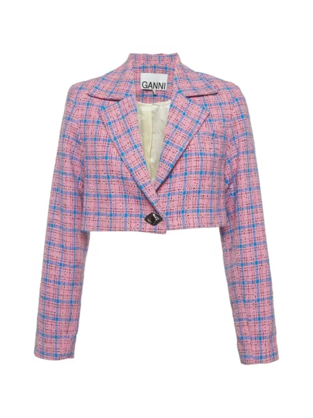 Sacou Ganni în carouri din tweed roz