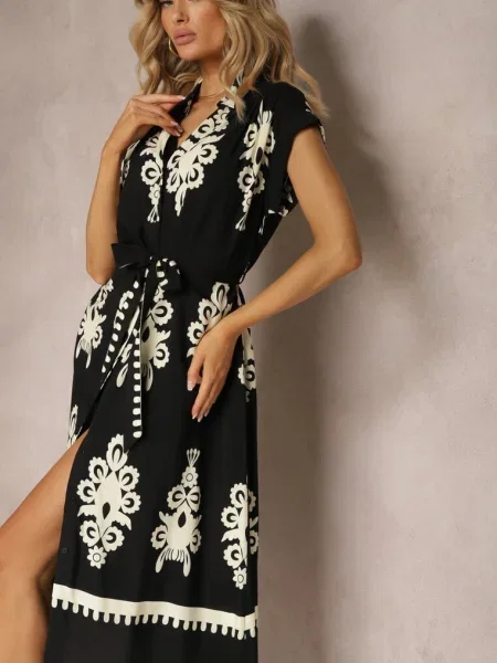Negru-Bej Boho Rochie Stil Cloș Centură Jori negru