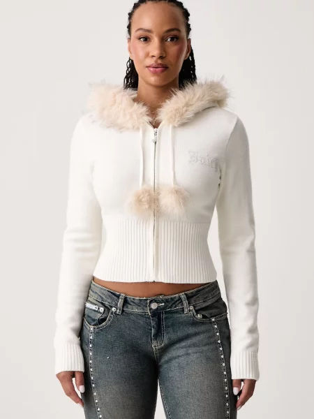 Juicy Couture rozepínací svetr dámský s viskózou KNIT JUICY DIAMANTE WITH FUR TRIM béžový