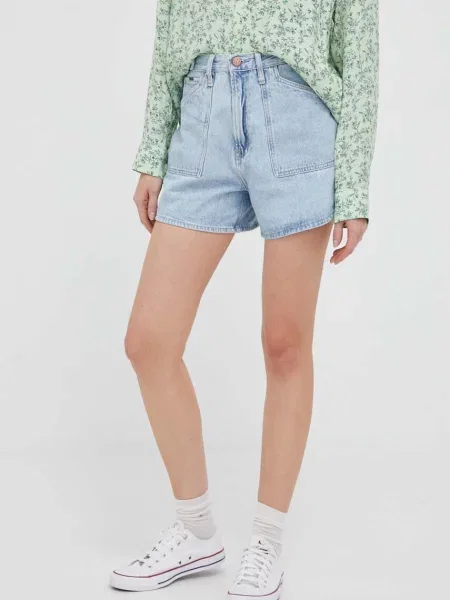 Дънков къс панталон Pepe Jeans Rachel с изчистен дизайн с висока талия синьо