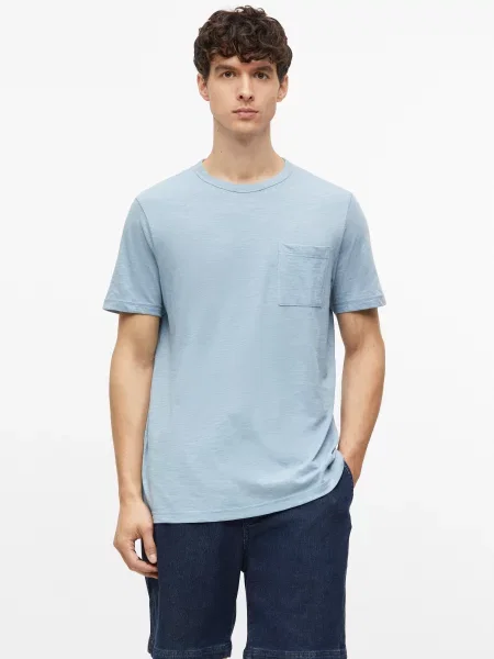 Melanżowy T-shirt z mieszanki bawełny z kieszenią na piersi niebieska