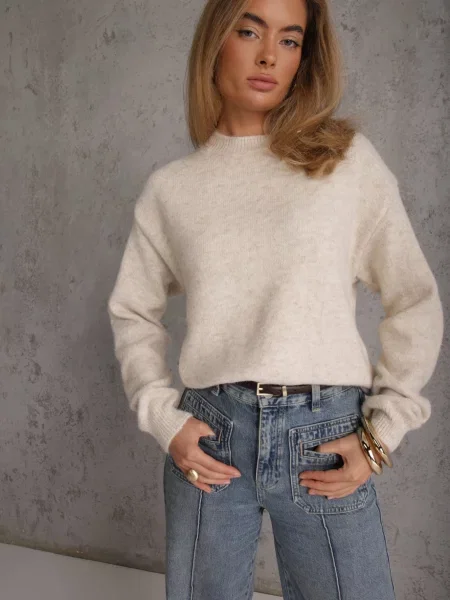 Jasnobeżowy Gładki Sweter z Wełną w Stylu Basic Tutia beżowy