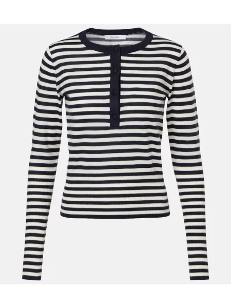 Pulover Max Mara din cașmir cu dungi cu guler henley alb