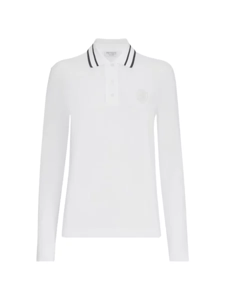 Tricou polo Brunello Cucinelli stretch cu autograf alb