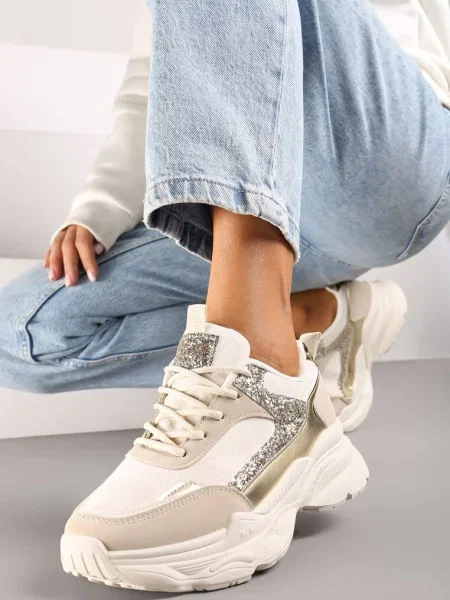 Sneakersy na Platformie z Tłoczeniem Ozdobione Cekinami Narisae beżowe