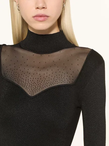 Sukienka o kroju slim fit z mieszanki z obszyciem ozdobnymi kamieniami model ‘Lucy’ Guess czarna