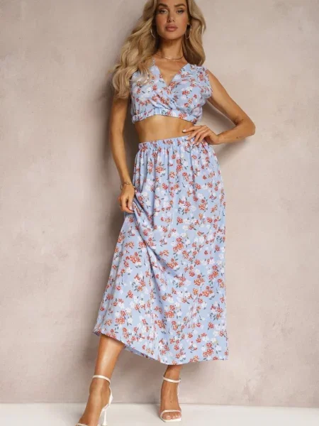 Komplet Dwuczęściowy Top bez Rękawów Spódnica z Gumką w Talii w Kwiaty Dimanisa niebieski