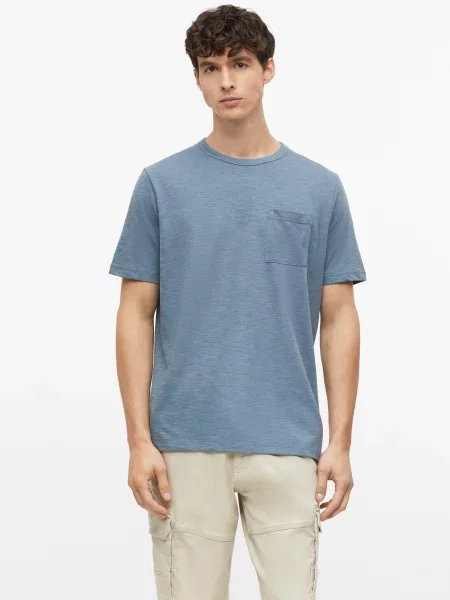 Melanżowy T-shirt z mieszanki bawełny z kieszenią na piersi niebieska