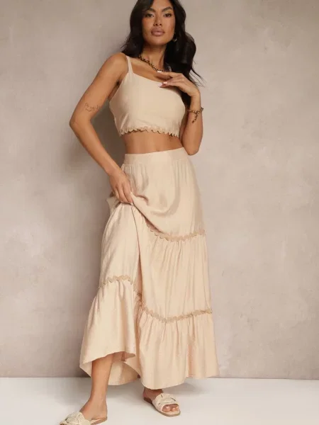 Komplet z Top na Ramiączkach i Spódnica Rozkloszowana z Gumką w Pasie Efrisia beżowy