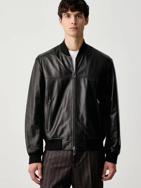 Armani Exchange geacă bomber pentru bărbați din piele negru