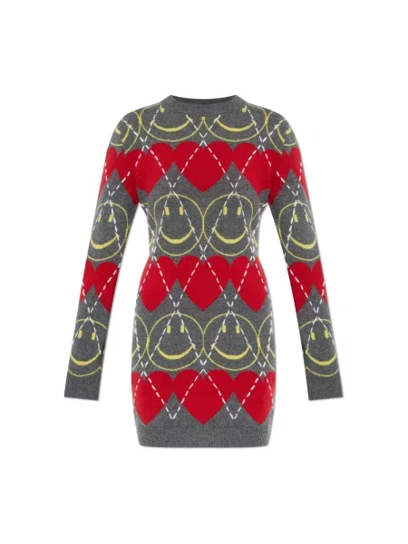 Sukienka mini Moschino wełniana z wzorem argyle szara