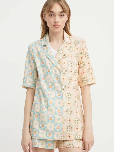 Сако с лен Never Fully Dressed с двуредно закопчаване с десен бежово