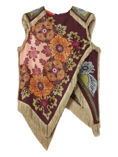 Top La Doublej cu franjuri cu model floral maro