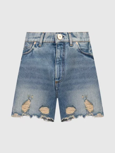 Шорти з ефектом потертості з вишивкою логотипа Balmain блакитні