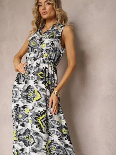 Rochie evazată cu aplicații ornamentale la decolteu imprimeu abstract Flubia gri