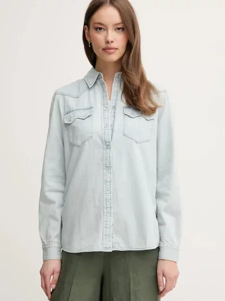 Дънкова риза United Colors of Benetton дамска със стандартна кройка с класическа яка синьо
