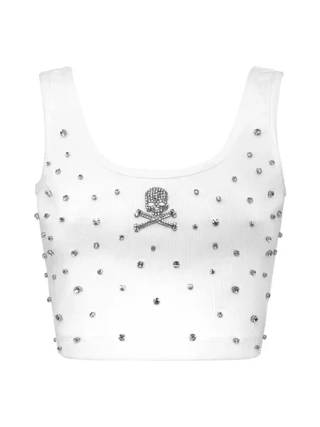 Top Philipp Plein z dżerseju z kamieniami o skróconej długości biały