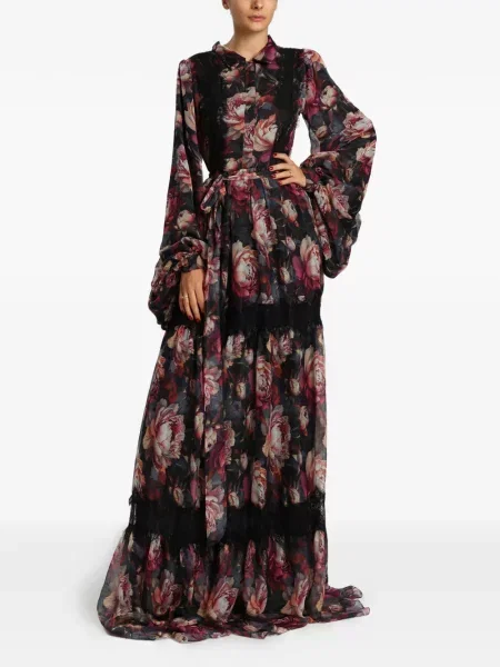 Rochie maxi Miau By Clara Rotescu cu model floral cu imagine din dantelă negru