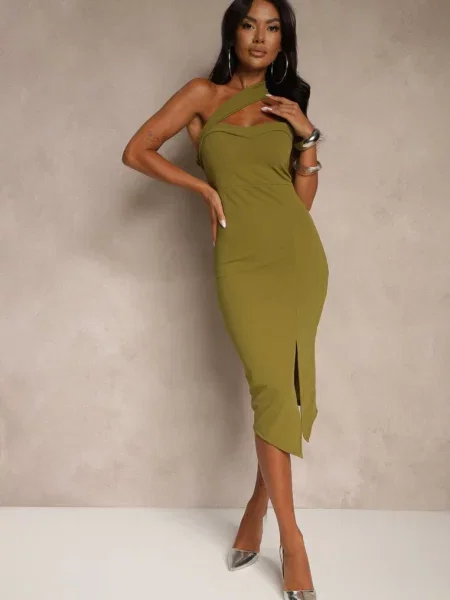 Jasnozielona Koktajlowa Sukienka Typu Bodycon o Asymetrycznym Kroju Haliannea zielona