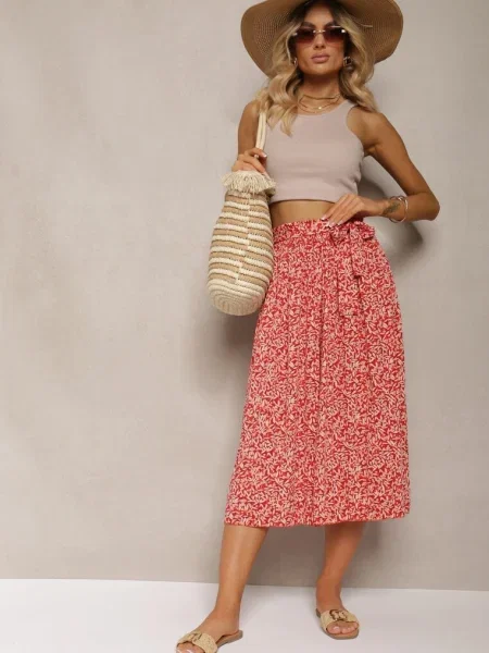 Pantaloni Plișați Suedeză Talie Înaltă cu și în Talie Isefia roșu