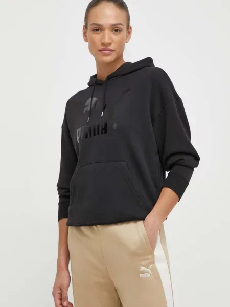 Суичър с качулка Puma с качулка с принт черно