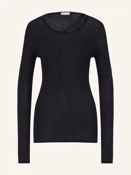 Hanro Spací Tričko Woolen Lace Z Merino Vlny A Hedvábí černá