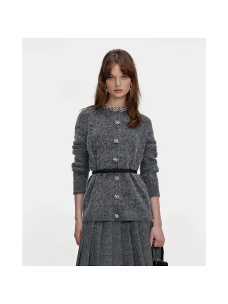 Kardigan Self-portrait wełniany z kryształkami szary
